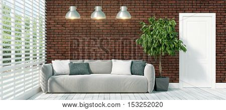Beautiful modern interior with sofa. 3D rendering