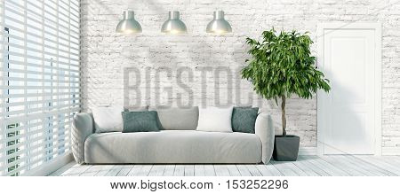Beautiful modern interior with sofa. 3D rendering