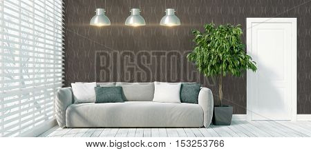Beautiful modern interior with sofa. 3D rendering