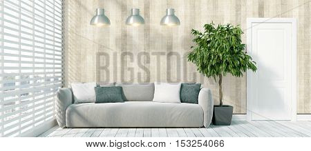 Beautiful modern interior with sofa. 3D rendering