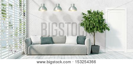 Beautiful modern interior with sofa. 3D rendering