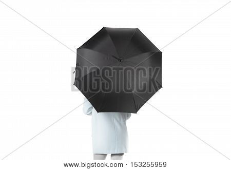 Women stand backwards with black blank umbrella opened mockup, clipping path. Female person hold clear umbel overhead. Plain surface gamp mockup. Man holding protective accesory gingham cover handle.