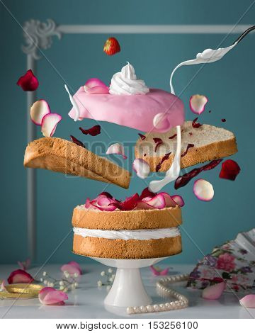 Bakery. Confectionary. Flying cake. Creamcheese, cream, jam, dessert, concept, abstraction.