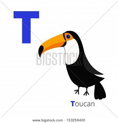 Letter T Toucan Toco Big yellow beak. Beautiful Exotic tropical bird. Baby animal collection. Cute cartoon character. Zoo alphabet. English abc Flat design. White background. Isolated. Vector