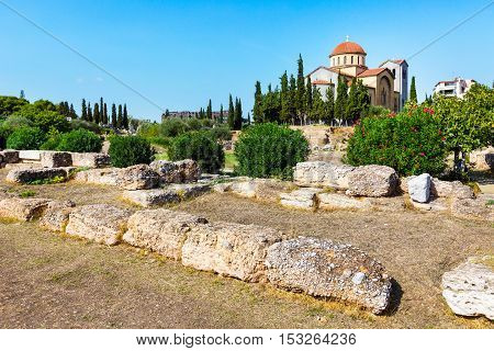 Ruins and part of old wall in ancient Kerameikos district in Athens, Greece