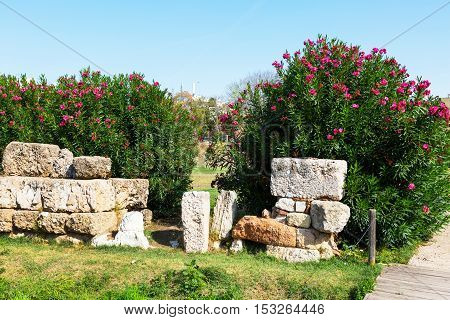 Ruins and part of old wall in ancient Kerameikos district in Athens, Greece