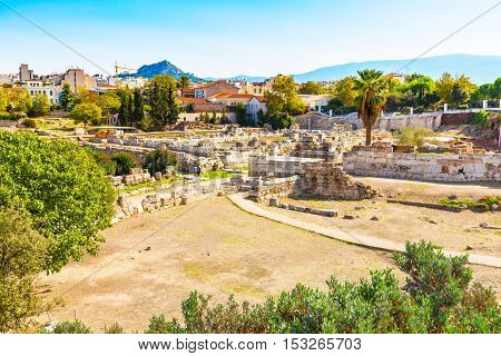 Ruins and old walls in ancient Kerameikos district in Athens, Greece