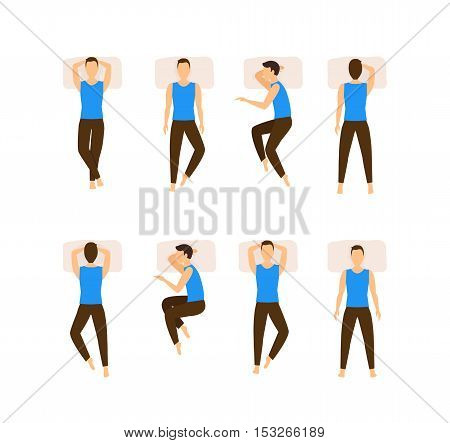 Different Sleeping Poses Set. Top View Man. Flat Design Style. Vector illustration