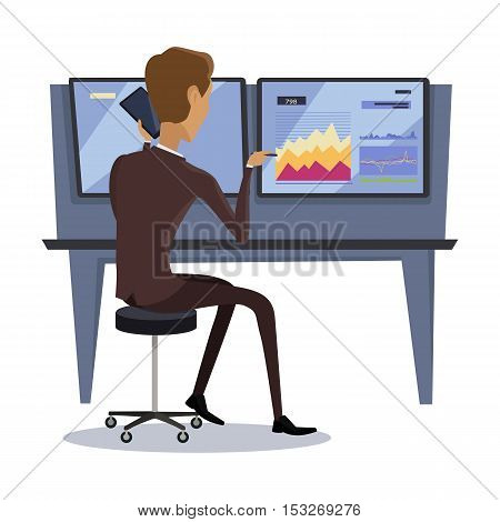 Modern online trading on stock exchange concept. Flat style design Monitoring of value indexes. Online trading technology. Brokerage trading on the web vector. Flat style design. Businessman at work.