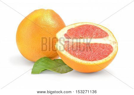 Ripe Grapefruit with half and green leaf isolated on white background.