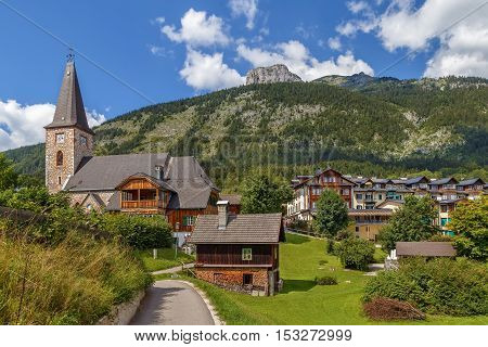 View of Altaussee village with parish church Styria Austria