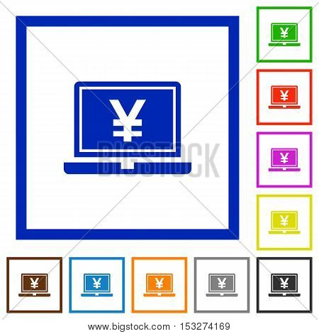 Laptop with yen sign flat color icons in square frames