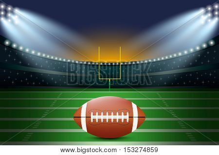 American football on field of stadium with spotlight. Vector illustration.