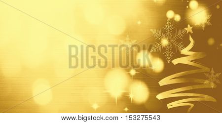 Gold Festive Christmas background with Christmas tree. Elegant abstract background with bokeh defocused lights and stars