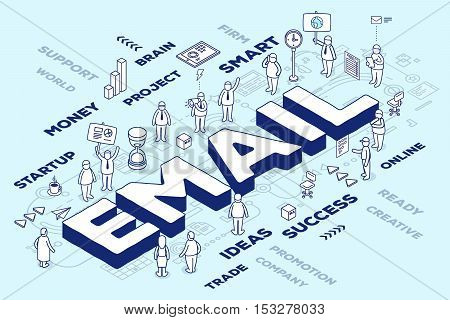 Vector Illustration Of Three Dimensional Word Email With People And Tags On Blue Background With Sch
