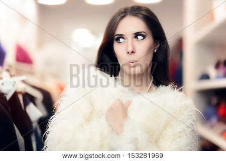 Curious Woman Wearing White Fur Coat in Fashion Store