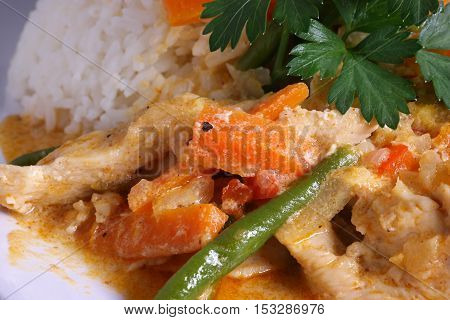 Asian chicken sauce dish with rice on white plate