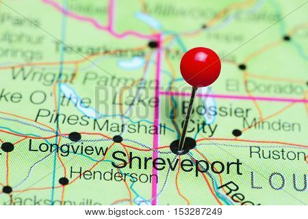 Shreveport pinned on a map of Louisiana, USA