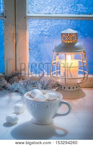 Enjoy your Christmas chocolate with marshmallows in cold evening