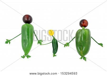Happy healthy vegetable family holding hands, as an educational metaphor, concept for healthy lifestyle, vegetarian or vegan diet, good recipe, isolated on white background