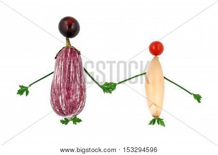 Happy healthy vegetables holding hands, as an educational metaphor, concept for healthy lifestyle, vegetarian or vegan diet, good recipe, isolated on white background