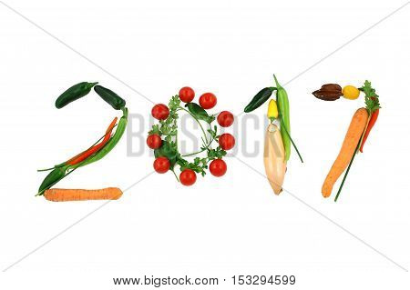 2017. Numbers 2016 and 2017. Happy vegan new year. healthy lifestyle transition. healthy vegan food. letters made of vegetables and meat. new year's resolution. concept. isolated on white background