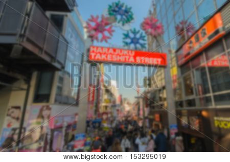 Blurred background.Takeshita Street in Harajuku Japan.Takeshita Street is the famous fashion shopping street next to Harajuku Station