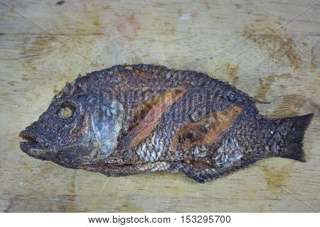Fish Fry on Chopping Wood and asian food.