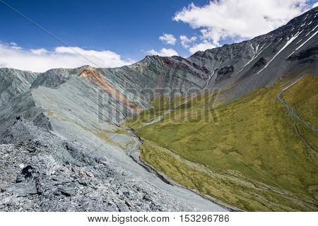 View to the unique Yarlu valley with rainbow mountains in summer