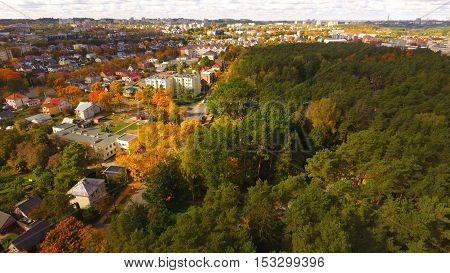 Street in auntumn in town near park by drone