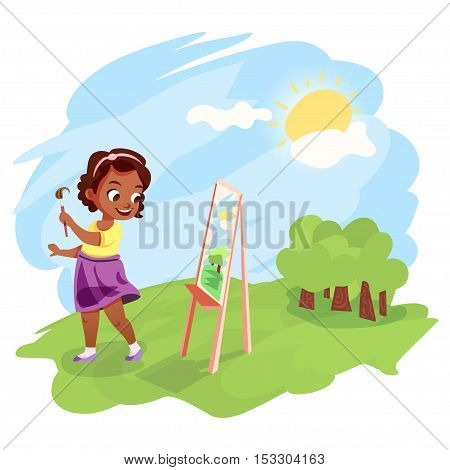 Cute little african american girl painting an image on easel outdoors. Kids hobby cartoon illustration. Warm summer weather outside.