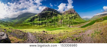 Breathtaking Panorama Of The Mountains In Glencoe At Sunrise, Scotland