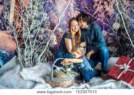 Family In The New Year Decorations