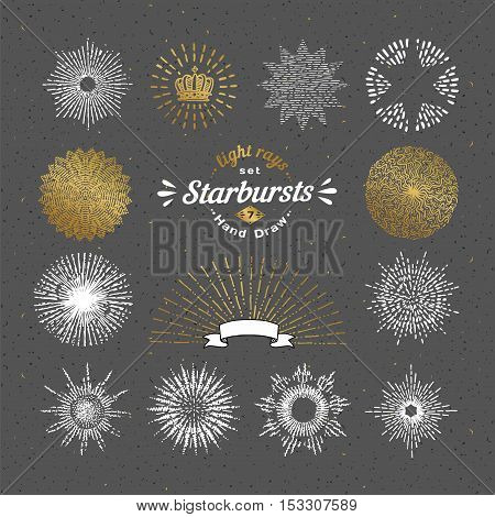 Set of vector starbursts. Vintage design elements. Retro style line art decorative sunbeams. Hand drawn sunshine shapes