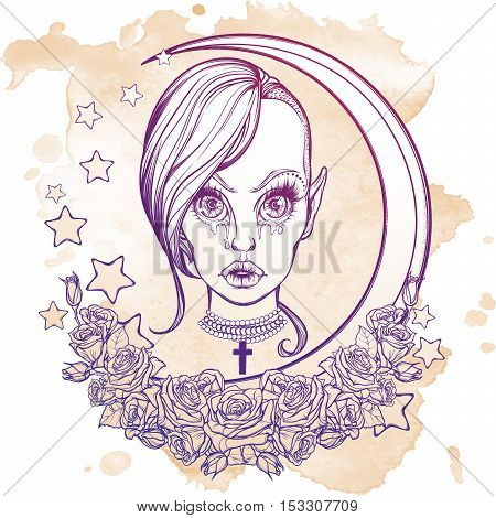 Young sexy teenaged girl with kawaii weeping eyes, sensual lips and trandy haircut. Gothic Halloween concept art. Frame of stars roses and moon. Tattoo design. EPS10 vector illustration.
