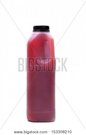 a plastic bottle with a red fruit juice on a white background