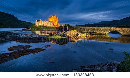 Beautiful Illuminated Eilean Donan Castle At Dusk, Scotland