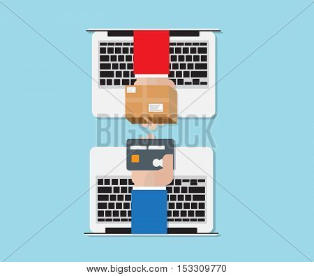 hand exchange with credit card on laptop online shopping concept vector illustration