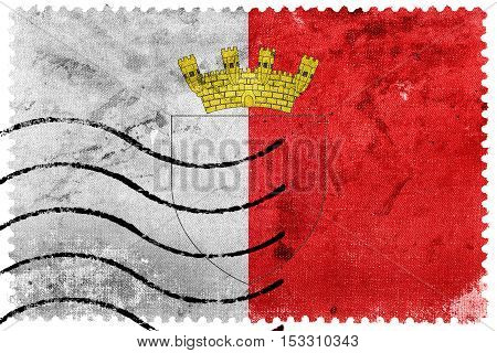 Flag Of Mdina With Coat Of Arms, Malta, Old Postage Stamp