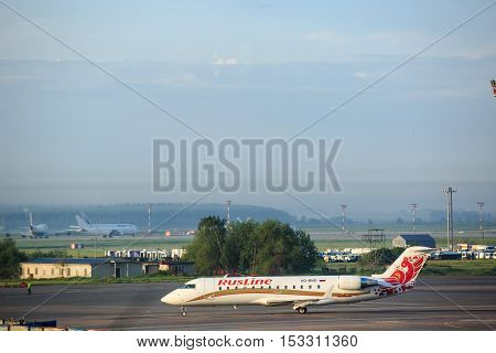 Moscow, Russia - May 27, 2016: Rusline aircraft airplane is ready to take-off in the Domodedovo airport
