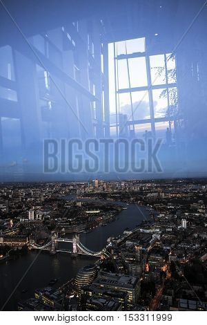 London City Tower bridge from above view from the Shard in evening light. Business modern city travel and tourism Brexit and Britain future concept and copy space. Virtual space.