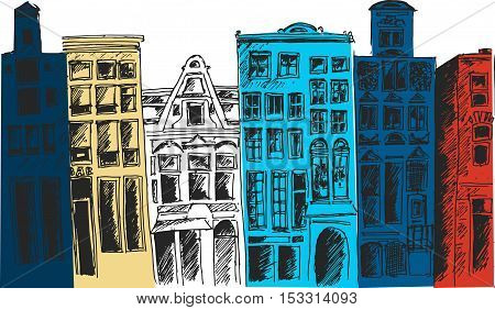 Hand paint old European buildings. Amsterdam city.Vector illustration