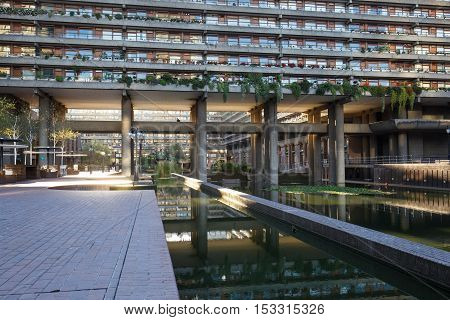 Residential area in Barbican Estate of the City of London. Unique architecture residential area travel sightseeing sights tourism and urban development concept.