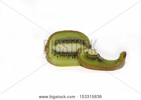 Bitten ripe green kiwi on white background