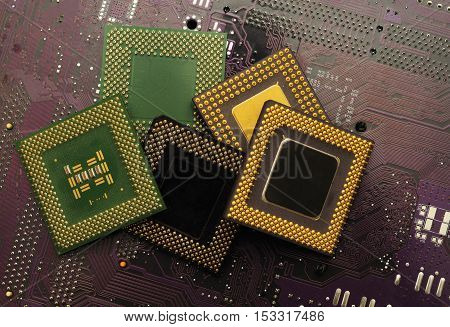 Stack of CPU processor and Circuit board / Motherboard. Electronic computer hardware technology. Motherboard digital chip. Tech science. Information engineering component.