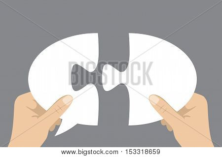 hands holding two puzzle speech bubble pieces stock vector illustration