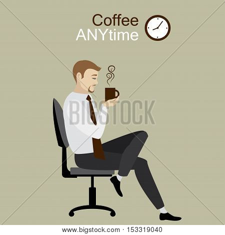 Businessman or office worker sitting on chair with a mug in his hands coffee break stock vector illustration