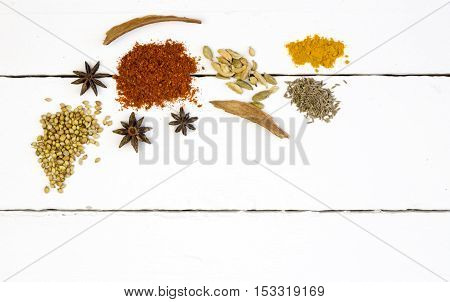 Overhead shot of spices on white wood deck table