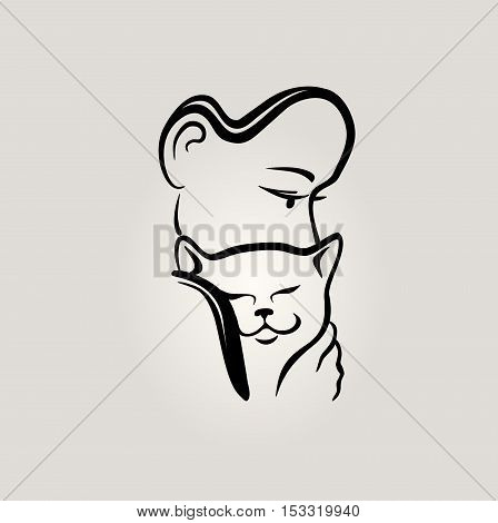 A girl holds a cat. silhouette vector.