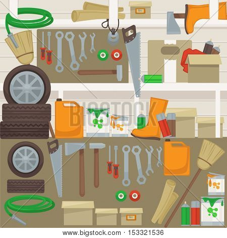 Work tools on wall in garage. Home set of construction and repair tools: hammer, drill and wrench, saw and screwdriver, pliers, brush and paint. Vector cartoon design banner.